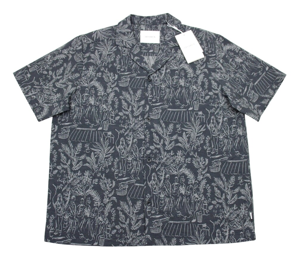 Les Deux Camp Shirt Mens Large Black Lesley Dancing Jacquard Short Sleeve